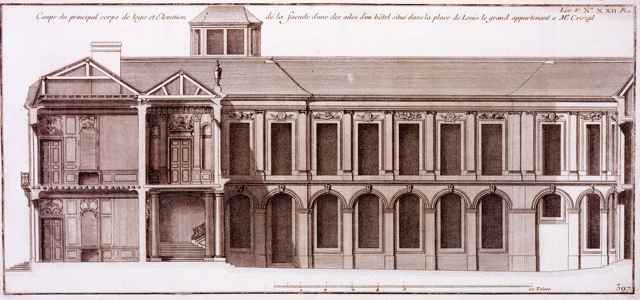 ジャックフランソワブロンデル作の「建築フランソワーズ」（1727年）のパリのルイルグラン広場のムッシュクロザの家の一部のファサード 作： ジャン・マリエット