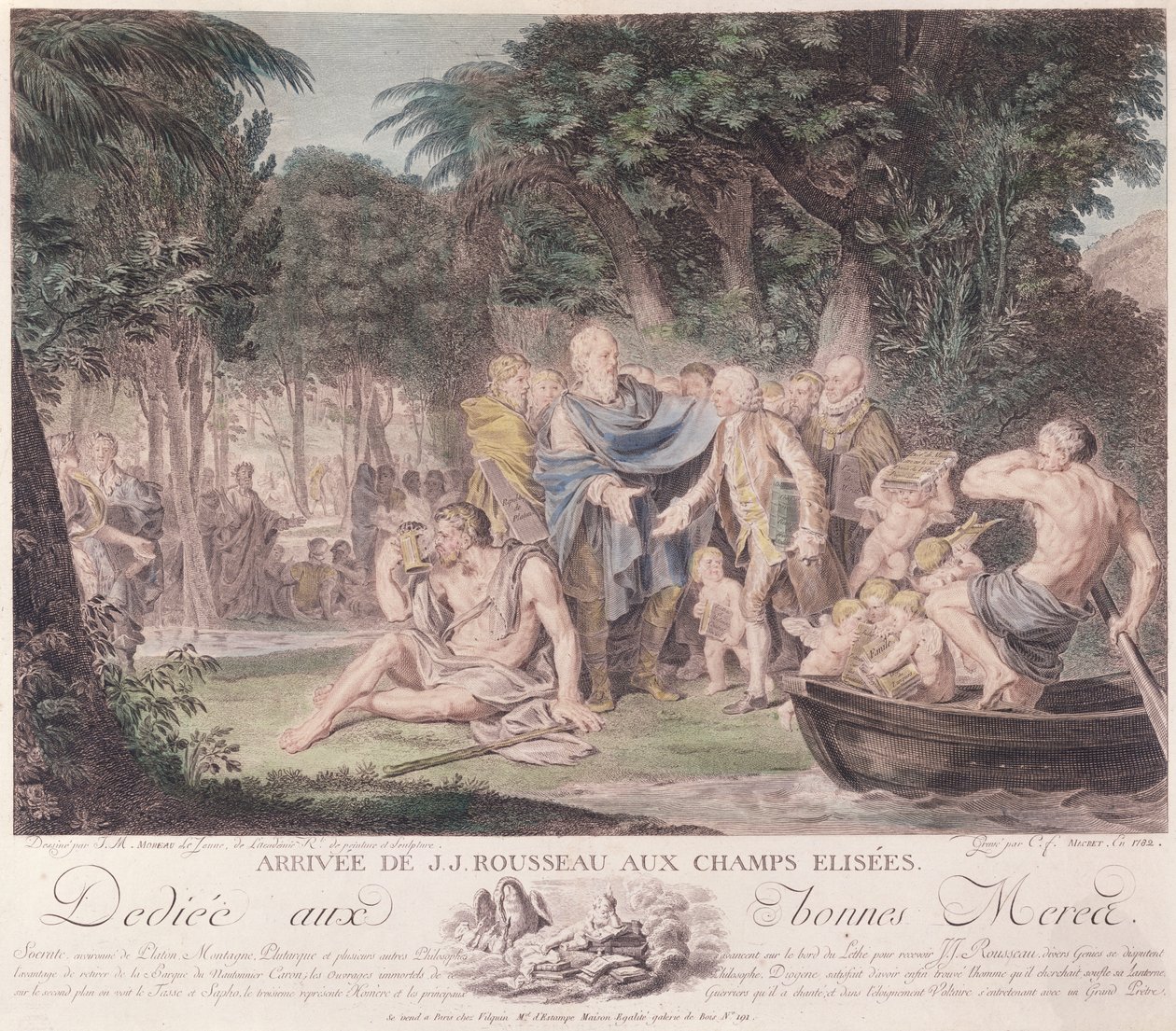 エリシアンフィールズへのジャンジャックルソー（1712-78）の到着、1782年（カラー彫刻） 作： ジャン＝ミッシェル・ザ・ヤング・モロー