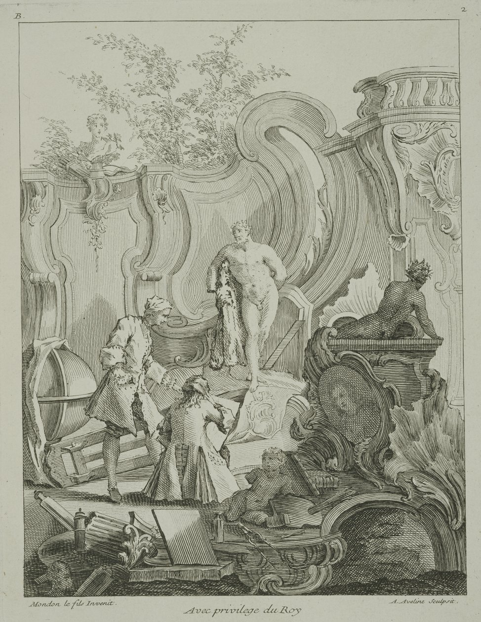 Antoine Aveline（1691-1743）によって刻まれた「Rococo Ornament」からのデザインに取り組んでいる職人が1736-49年に公開 作： ジャン・モンドン