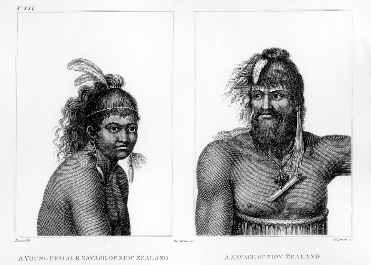 チャールズターナーウォーレンが1800年に彫刻した、ラビラルディエールの「ラペルーズを求めての航海の記録」のイラストによるニュージーランドの2つの野蛮人 作： ジャン・ピロン