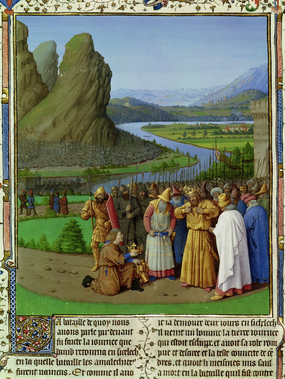 Mr Fr 247 fol.135 David Saul of the Death of Saul、illustration from &39;Antiquites Judaiques&39;、c.1470 作： ジャン・フーケ