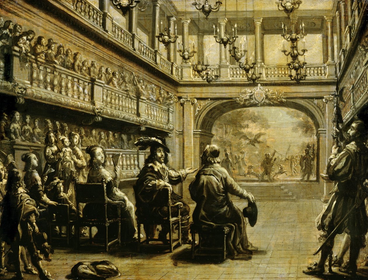 ルイス13世（1601-43）オーストリアのアン（1601-66）とリシュリュー枢機卿（1585-1642）、J。デスマレストドサンソリンの演劇「ミラメ」の演出、パレカーディナル（現在はパレロワイヤル） ）パリ 作： ジャン・ド・サン・イグニー