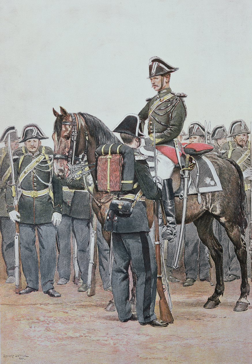 服装の制服を着た憲兵隊、1887年（カラー彫刻） 作： ジャン・バプティスト・エドゥアール・ディテール