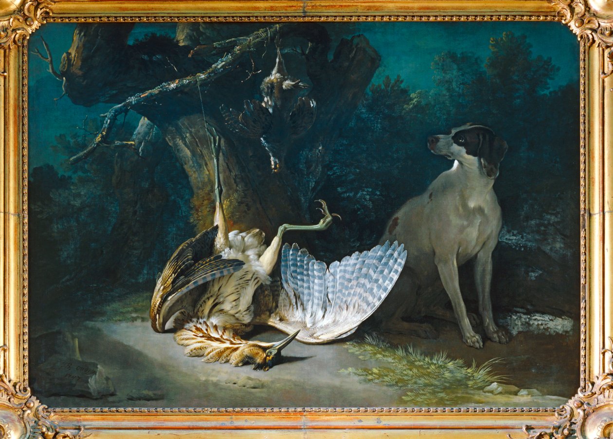 Butor et perdrix gardes par un chien blanc - 白い犬に庭で飼われているにがりとヤマウズラ。 作： ジャン＝バティスト (学校) オードリー