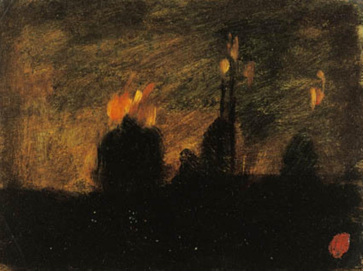 バランシエンヌ近郊のサン・ヴァスト・ラ・オーの火事で夜の雰囲気 作： ジャン・バプティスト・カルポー