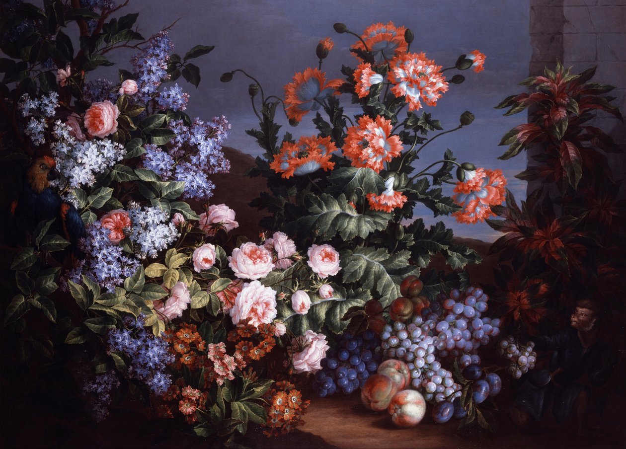 バラとライラックの静物画。ジャン・バティスト（ジャン＝バティスト）・モノワイエ（1634-1699）作 個人蔵 作： ジャン＝バティスト・モノノワイエ