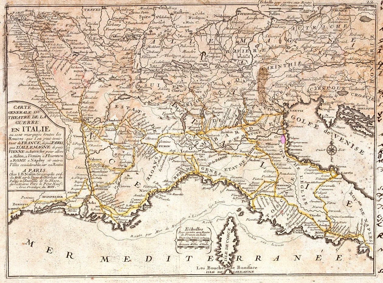 フランス（イル＝ド＝フランス地域圏、シャンパーニュ＝アルデンヌ地域圏、ロレーヌ地域圏、アルザス地域圏、サントル東部、ブルゴーニュ地域圏、ファンシュ＝コンテ地域圏、オーヴェルニュ地域圏、ラングドック＝ルシヨン地域圏東部、ローヌ＝アルプ地域圏、プロヴァンス＝アルプ＝コート・ダジュール地域圏）、ドイツ（ザールラント州、バーデン＝ヴュルテンベルク州、バイエルン州）、オーストリア、スイス連邦共和国 作： ジャン・バプティスト・ノーリン
