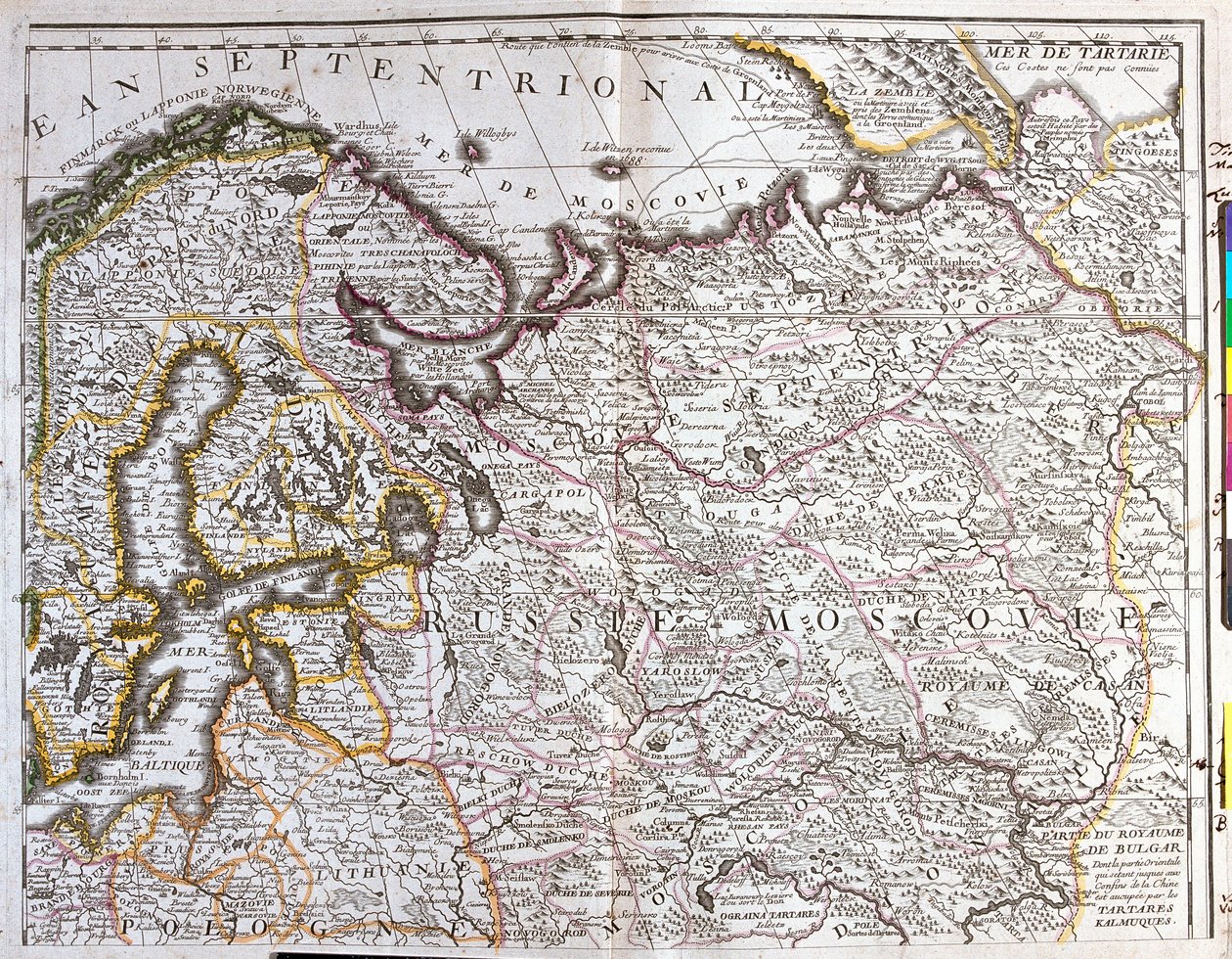 モスクワ（ロシア）、スウェーデン王国、バルト三国、ポーランドの一部の地図（銅版画 作： ジャン・バプティスト・ノーリン