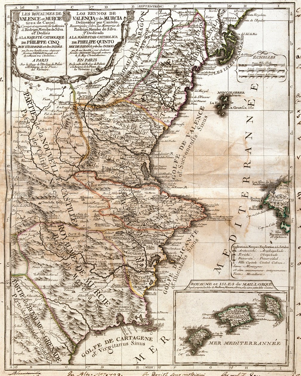 バレンシア・ムルシア王国（スペイン）の地図（エングレービング 作： ジャン・バプティスト・ノーリン