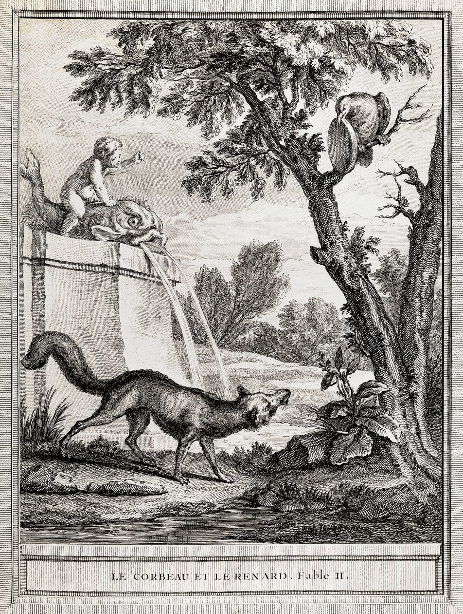 Jean de La Fontaine (1621-1695)の寓話をJean-Baptiste Oudry (1686-1755)が描いた「カラスとキツネ」。 作： ジャン・バプティスト・オードリー