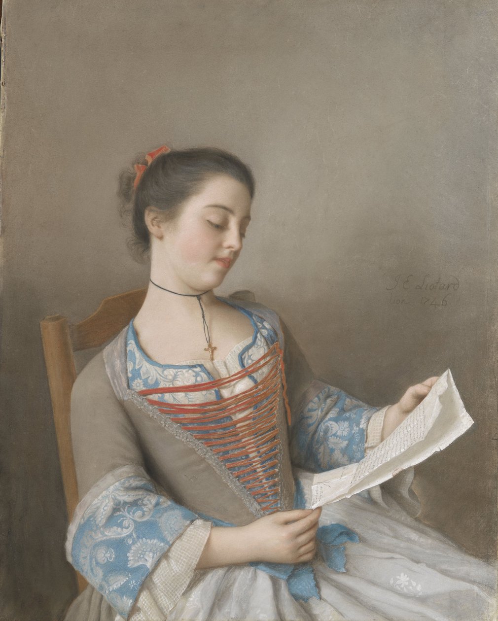 画家のいとこであるラリゼウスマリアンヌラヴェルニュ、リヨンの田舎服、1746年（羊皮紙にパステル） 作： ジャン・エティエンヌ・リオタード