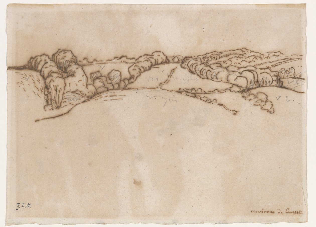 Environs de Cusset、1866-69年（敷き紙にグラファイトを付けたペンと茶色のインク） 作： ジャン・フランソワ・ミレー