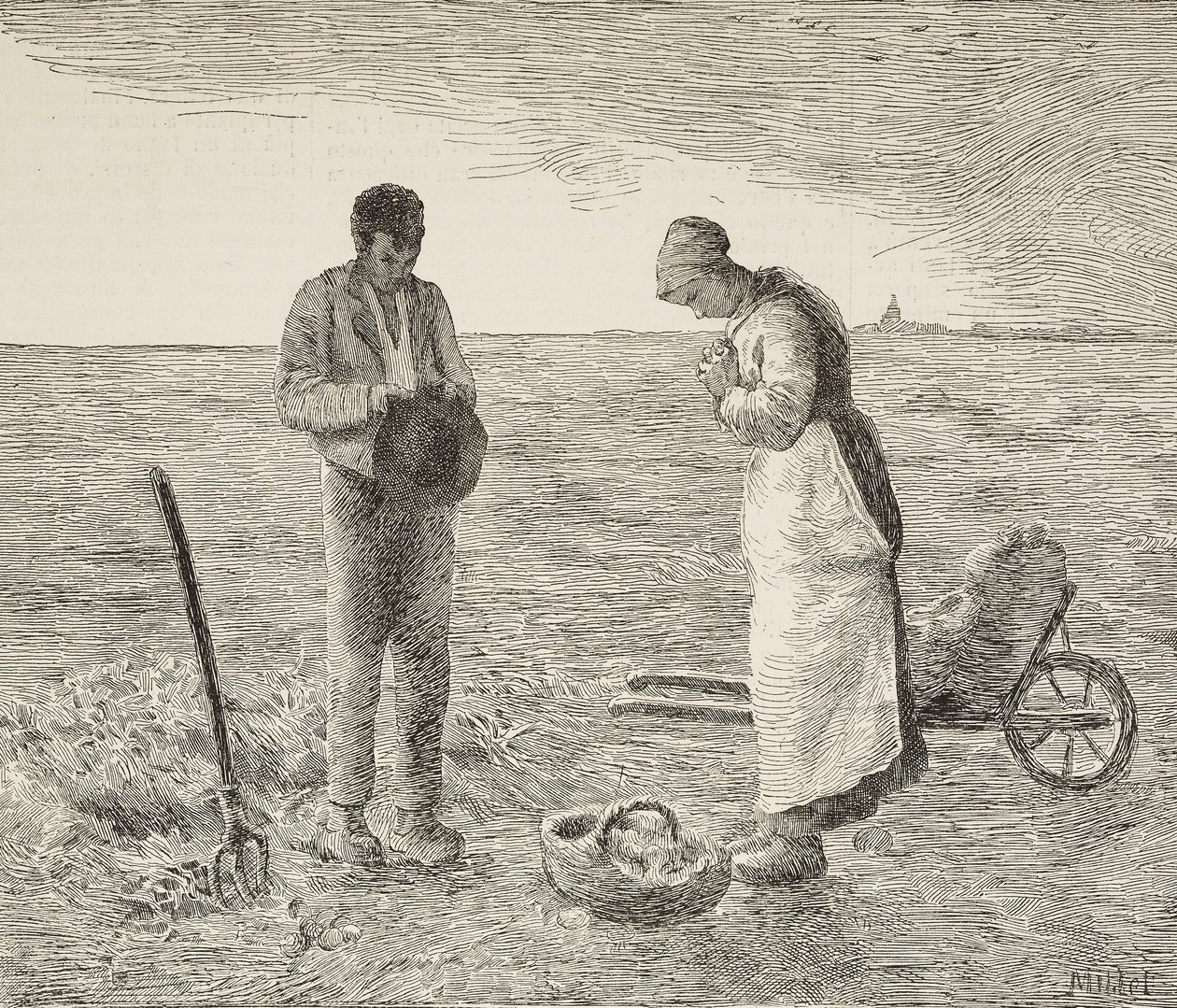 アンジェラス、野原の農家のカップル、フランスの画家、ジャン=フランソワ・ミレー（1814-1875）の絵画からの彫刻、L