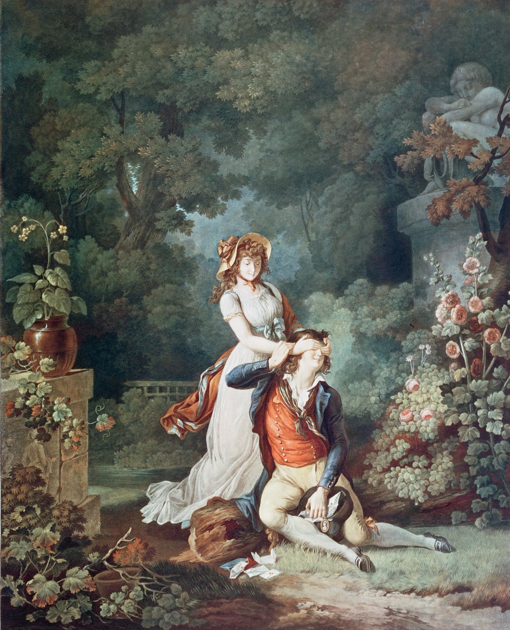 Charles Melchior Descourtis（1753-1820）によって刻まれた、驚いた恋人（カラー彫刻） 作： ジャン・フレデリック（後）シャル