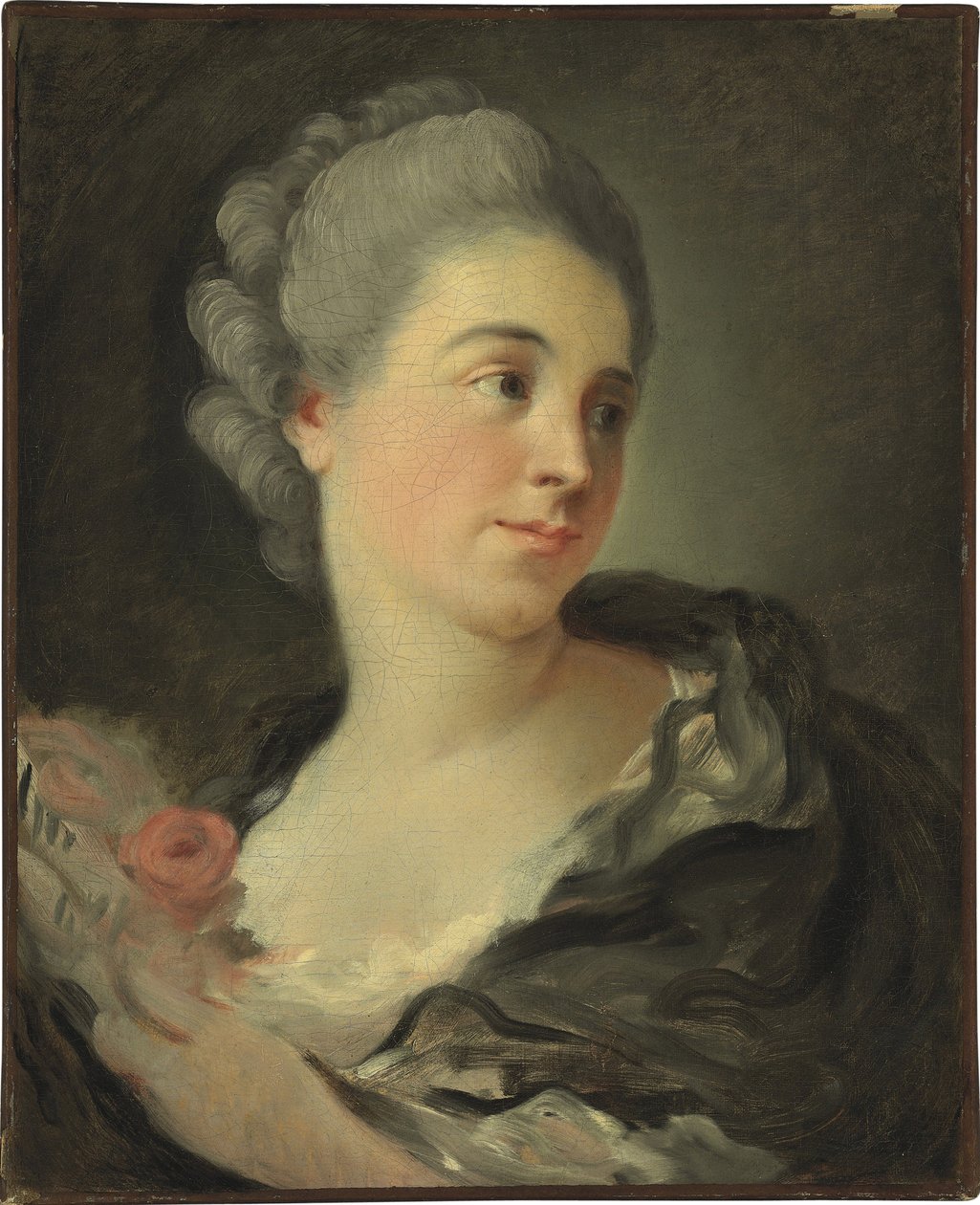マリー・テレーズ・コロンブの肖像 - ジャン・オノレ・フラゴナールによる絵画 (1732-1806)、キャンバスに油彩、49x40 cm - (マリー・テレーズ・コロンブの肖像、ジャン・オノレ・フラゴナールによるキャンバスに油彩) - 個人蔵 作： ジャン・ホノレ・フラゴナール