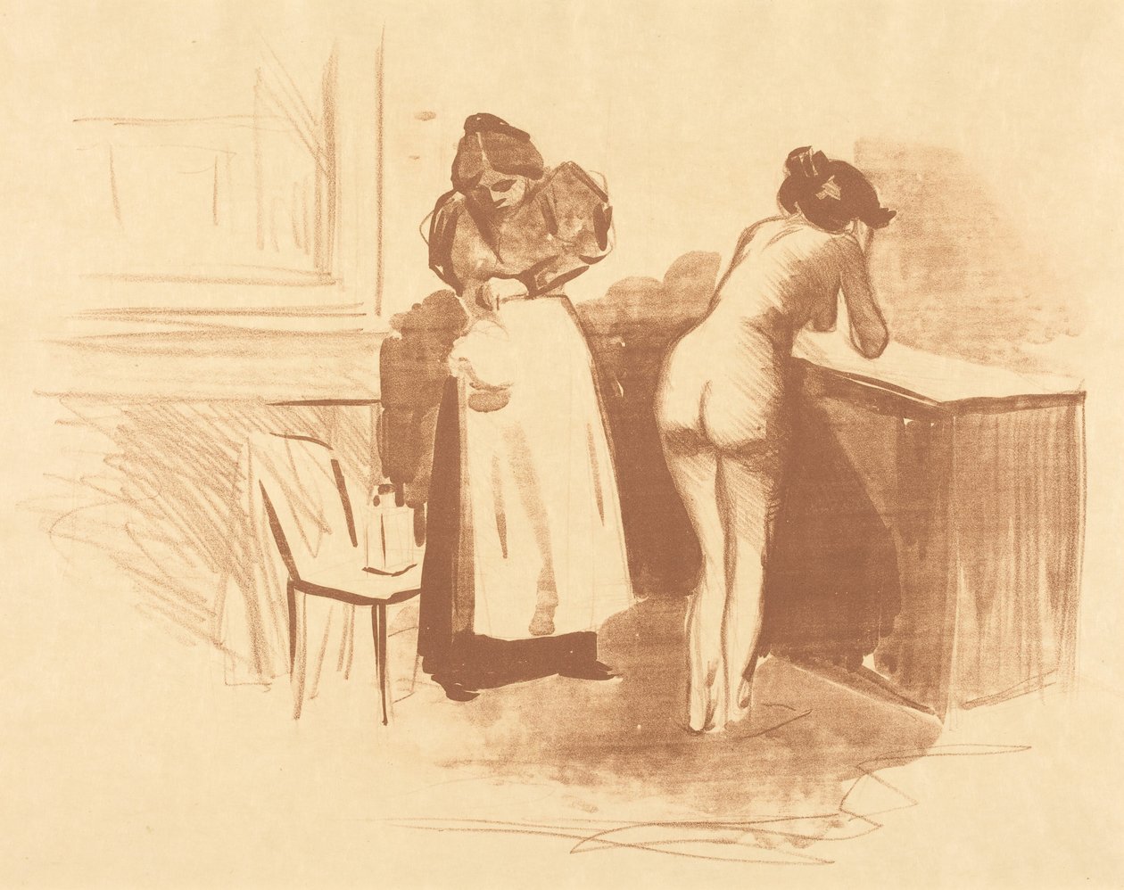 馬毛の手袋による摩擦（水彩と線画の版画）（『The Massage with Coarse Hair Glove』）（Wash and Line plate） 作： ジャン・ルイ・フォラン