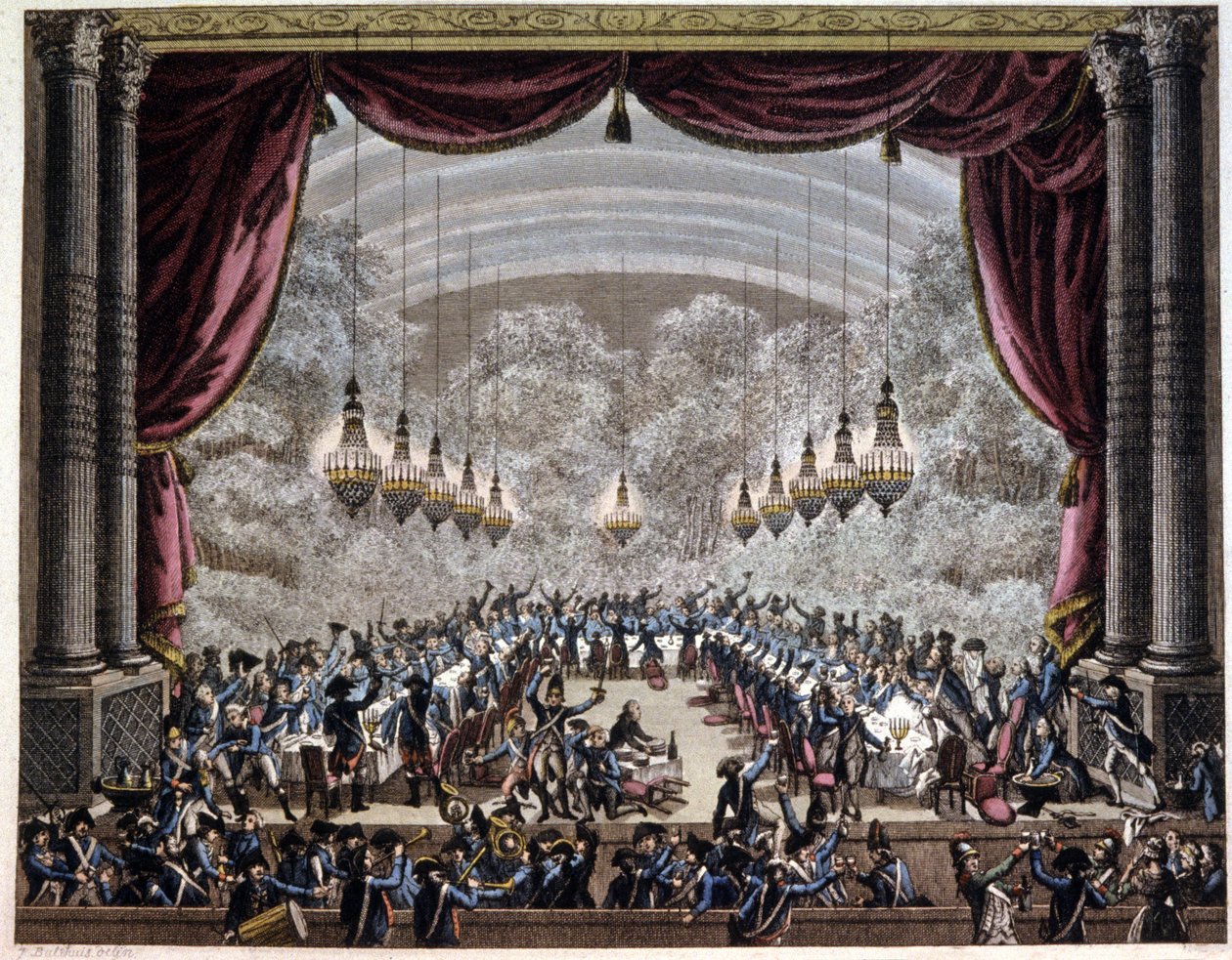 フランス革命: パリの警備員の宴会、c.1750-1800 (彫刻) 作： ジャン（後）デュプレシスベルトー