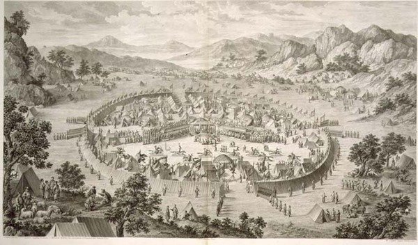 Tchao-Hoei Occupies his Troops with Exercises and Military Games in 1758, プレート5, Pierre Philippe Choffard (1730-1809) 1772年に中国の皇帝である乾隆帝の征服を表す一連の版画の中の一枚。 作： ジャン（d.1781）（後）ダマシン