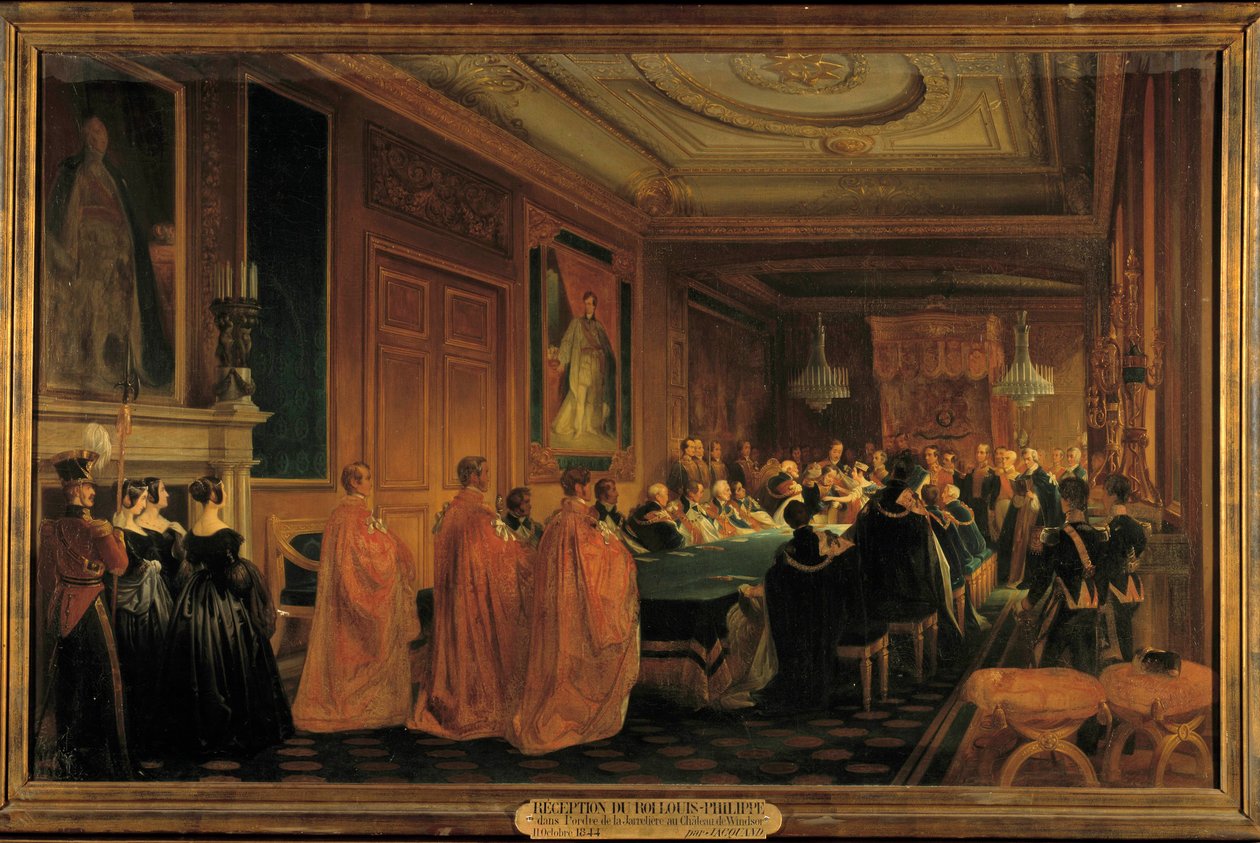 ヴィクトリア女王（1819-1901）がルイ・フィリップ1世（1773-1850）にジャレティエール騎士号を授与する場面（ウィンザー城にて 作： ジャン・アロー