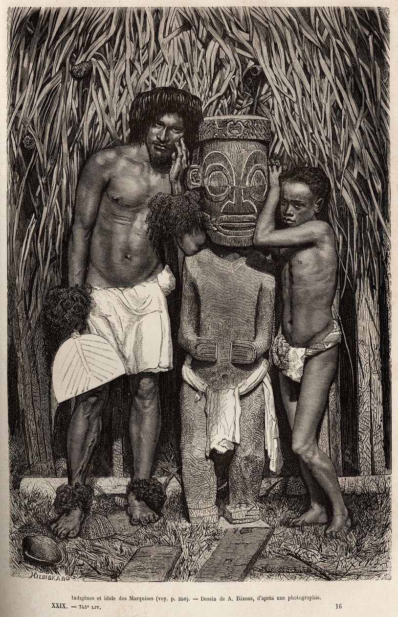 マルケサス諸島のヒバ・オア（Hiva Oa）島の住民とその息子が、ティキ神を描いた木彫りの偶像を取り囲んでいる。1872年から1874年にかけて、太平洋の記憶を描いたA.Rixensの図面に基づいて彫られたものである。 作： ジャン・アンドレ・リクセンス