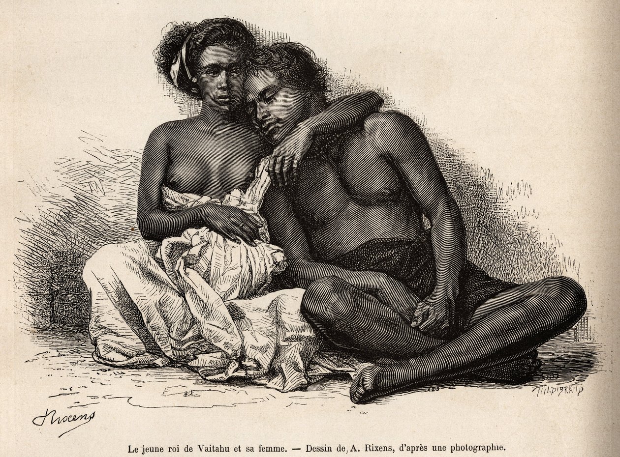 マルキーズ諸島のタウアタ島にあるヴァイタツの若い王が、妻の腕を囲んでいる。1872年から1874年にかけて、船員のA.Pailhesが太平洋の記憶を描いたA.Rixensの絵の後に彫られている。 作： ジャン・アンドレ・リクセンス