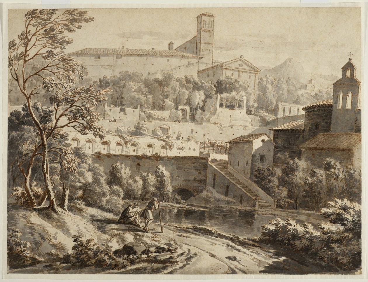 イタリアの町の下の川岸に沿ったアーティストのスケッチ、c.1780（敷き紙にインクとウォッシュ、黒いチョークの跡） 作： ジャン・アントワーヌ・コンスタンタン