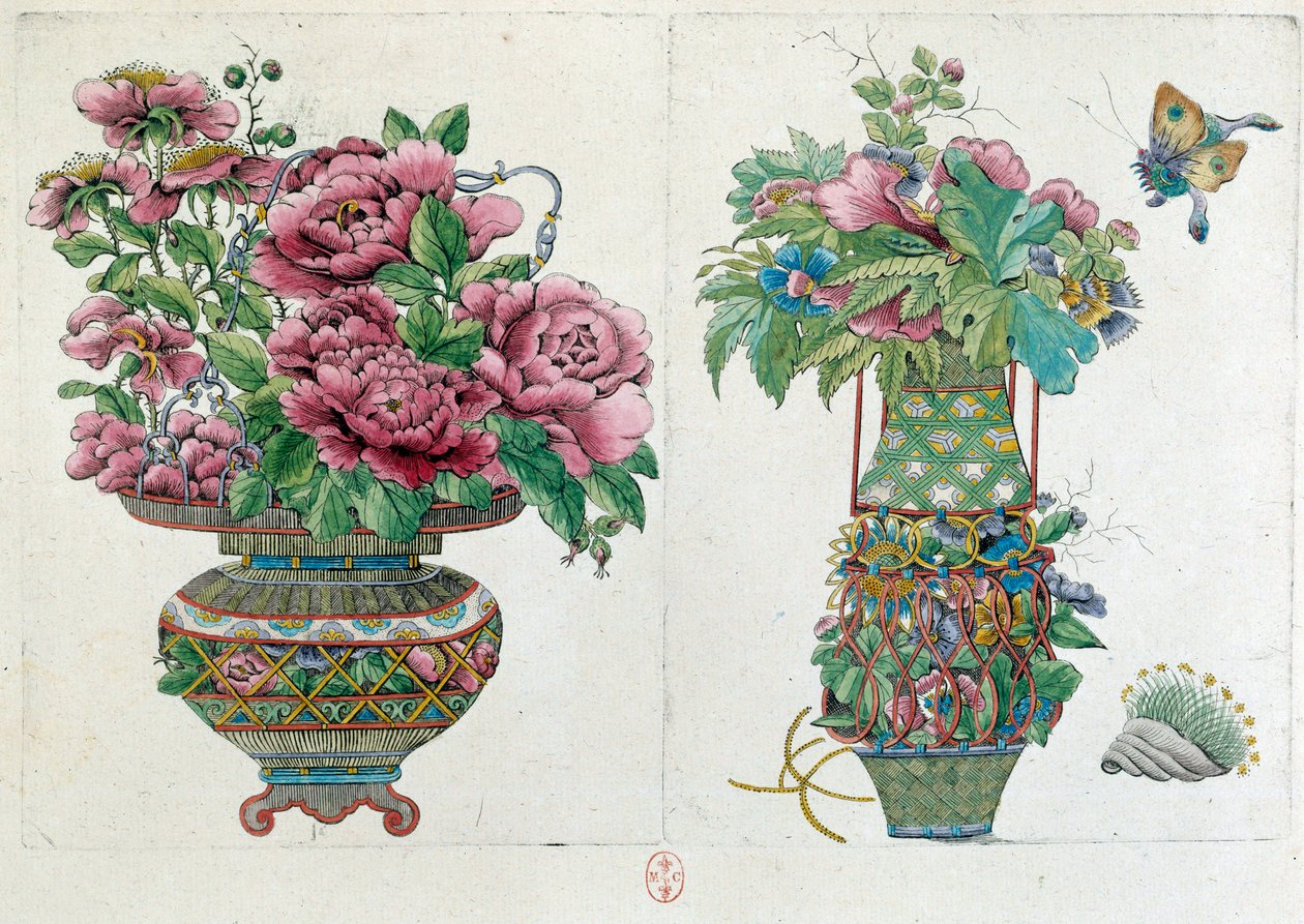 中国の花瓶からのデッサン：フラワーポット。ジャン・アントワーヌ・フレイズの絵画（18世紀 作： ジャン・アントワーヌ・フレイセ