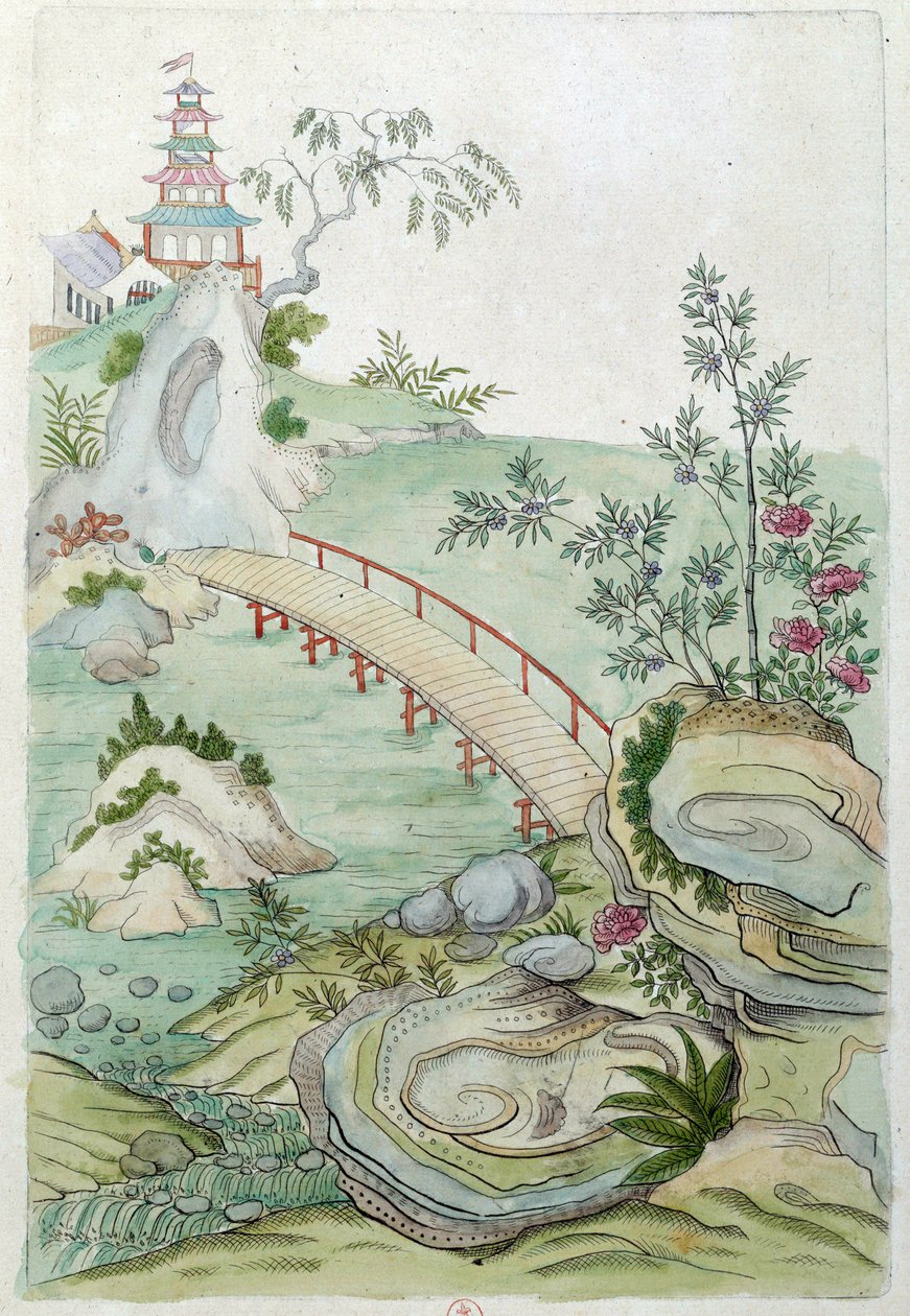 中国の花瓶からのドローイング：橋のある風景。ジャン・アントワーヌ・フレイズの絵画（18世紀 作： ジャン・アントワーヌ・フレイセ