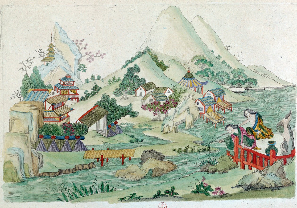 中国の花瓶からのデッサン：川と文字のある風景。ジャン・アントワーヌ・フレイズ（18世紀）の絵画 作： ジャン・アントワーヌ・フレイセ