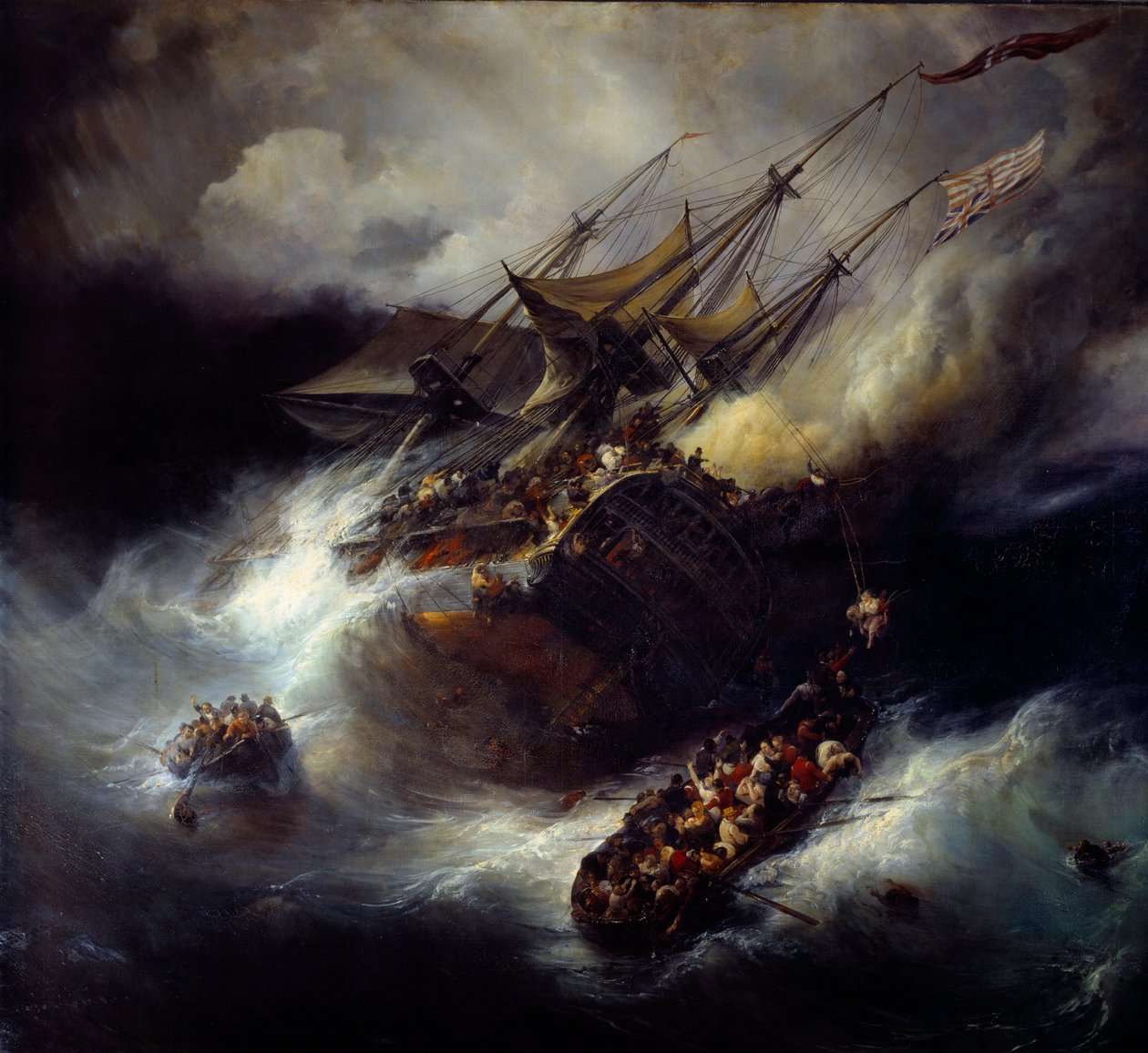 ケント号の火災 舟の沈没（1800年）。テオドール・グーディン（1802-1880）の絵画 作： ジャン・アントワーヌ・テオドール・グディン