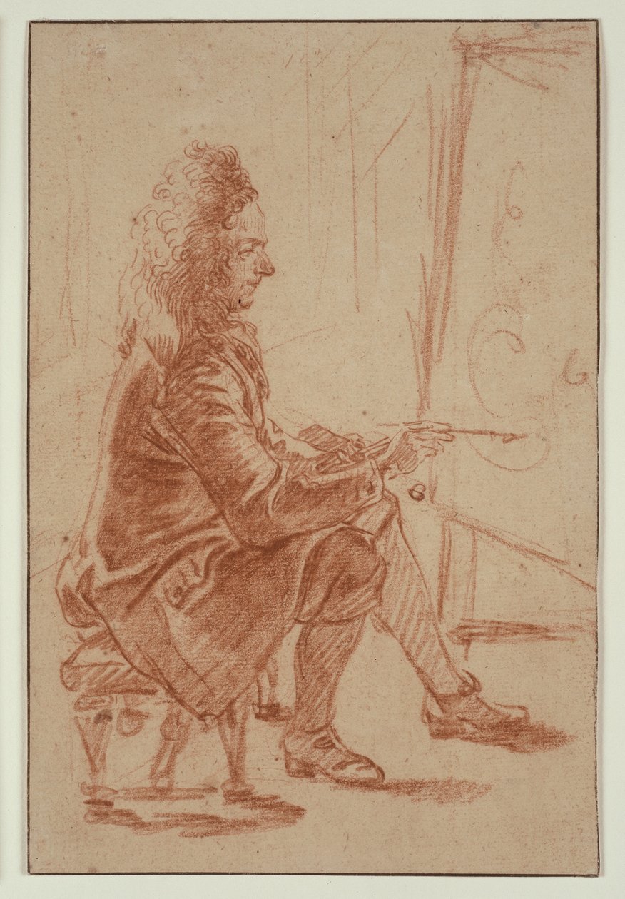 かつらむきの画家（クロード・オードランの可能性） 1709年頃（バフ紙に赤チョーク、クリーム色のカードに敷かれている） 作： ジャン・アントワーヌ・ヴァトー