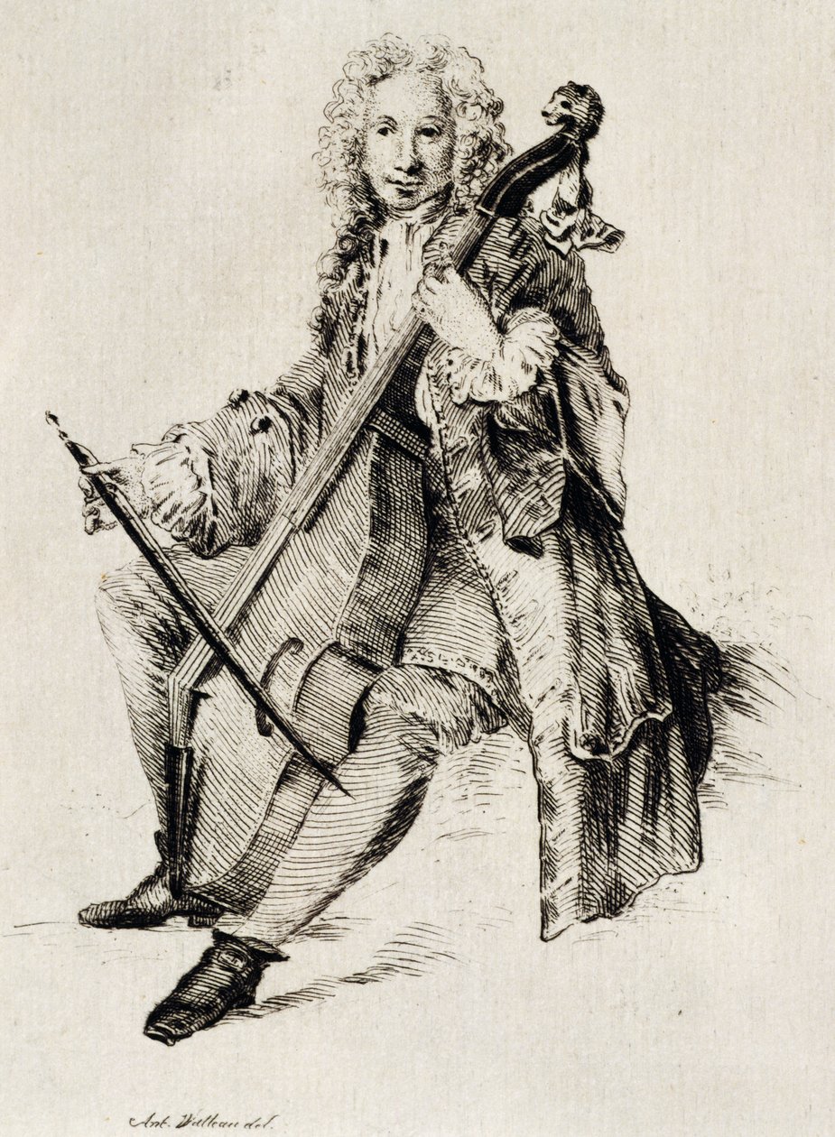 チェロ奏者、ジャン・アントワーヌ・ワトー（1684-1721）作、エングレーヴィング、フランス 作： ジャン・アントワーヌ・ヴァトー