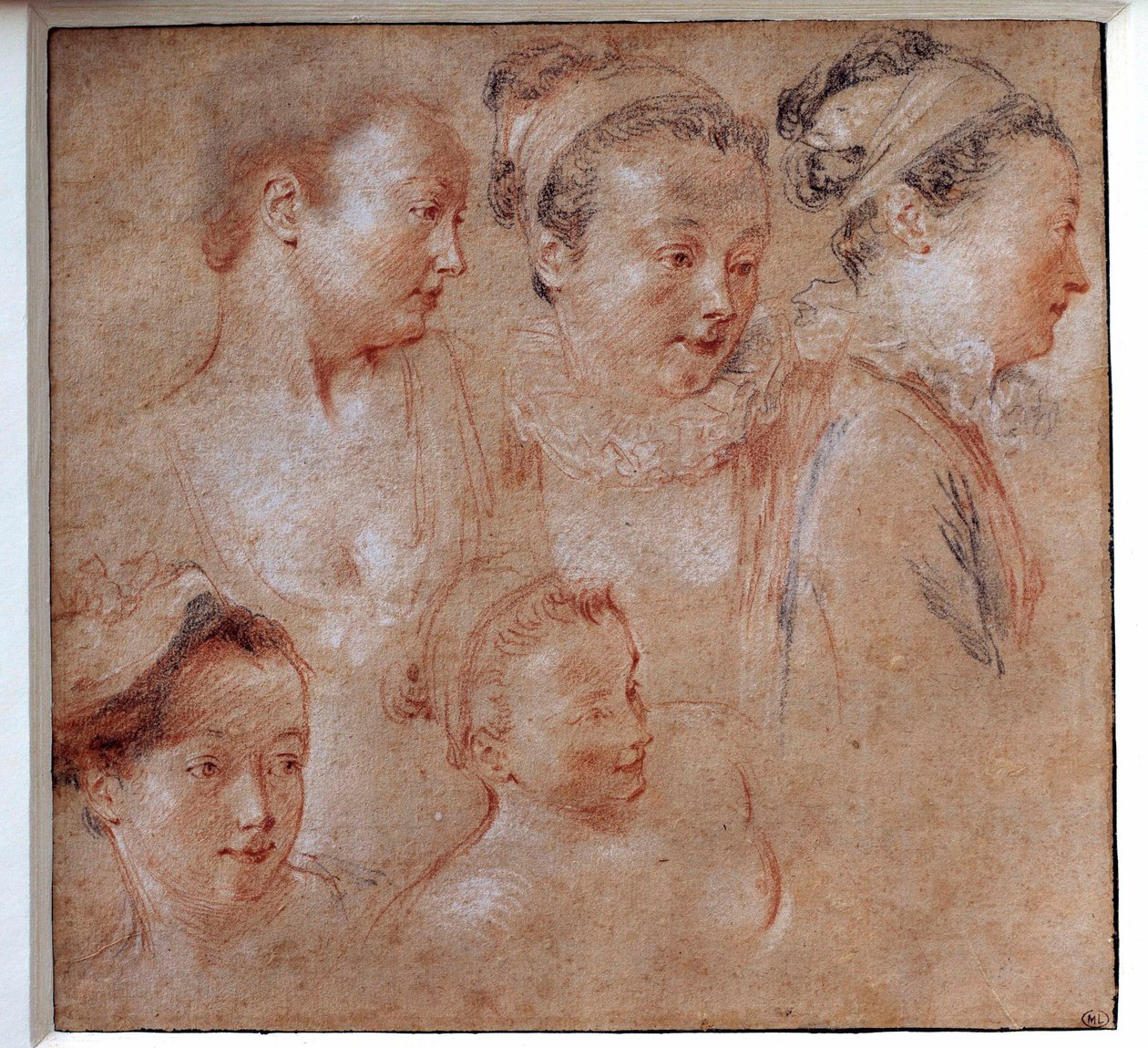 女性の5つの髪型 ジャン・アントワーヌ・ワトー（1684-1721）による素描 1713年 パリ、ルーヴル美術館蔵 作： ジャン・アントワーヌ・ヴァトー