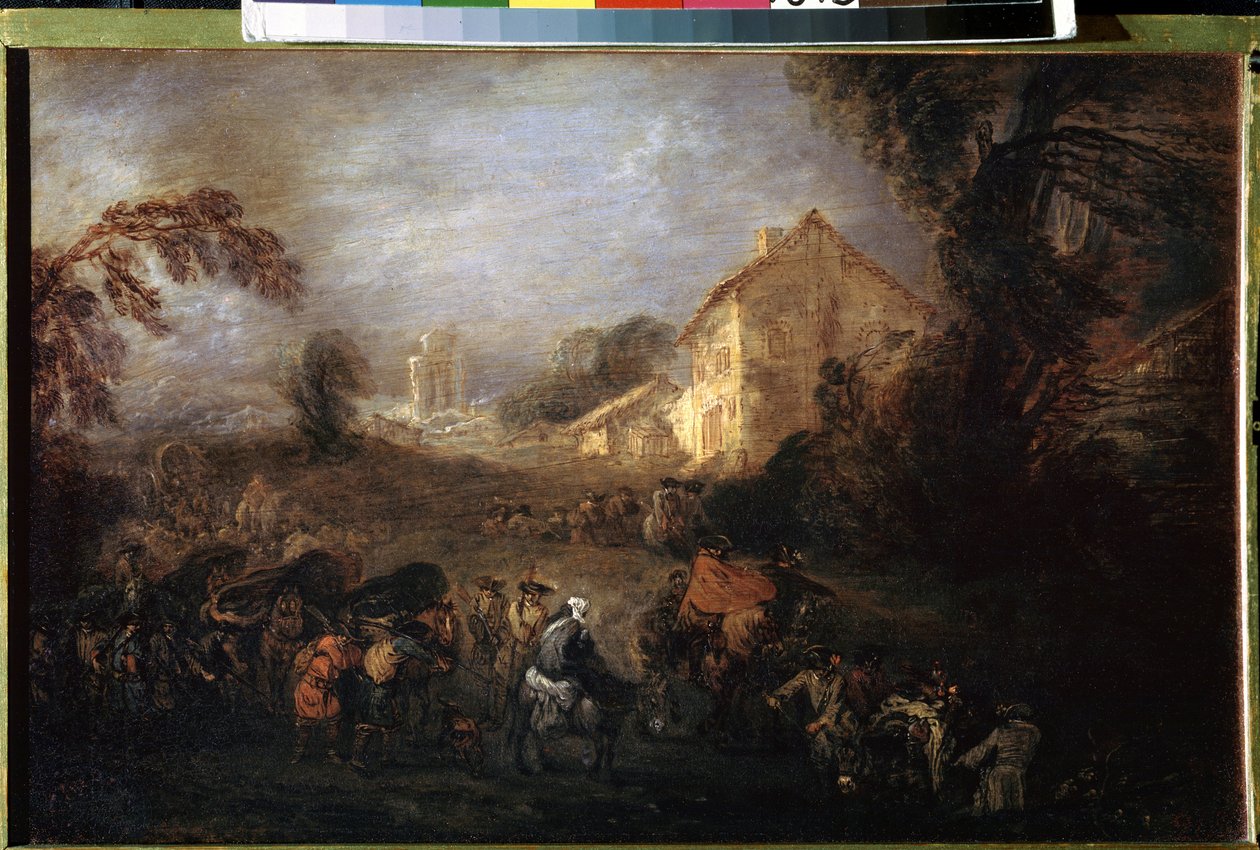 戦争の負担。 ジャン アントワーヌ ヴァトー (1684-1721) の絵画。 銅に油彩、21.5 x 33.5 cm、1713年頃。フランス美術、ロココ美術。 エルミタージュ美術館、サンクトペテルブルク。 作： ジャン・アントワーヌ・ヴァトー