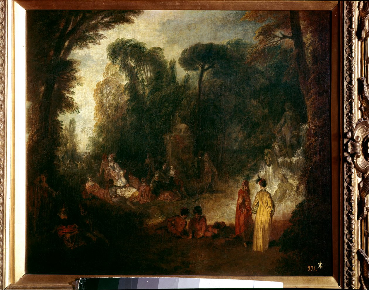 公園でのパーティー ピクニック、会話、森の中の散歩。ジャン・アントワーヌ・ワトー（1684-1721）の絵画で、1712-1713年頃の作品。キャンバスに油彩。薄さ：48x55cm。マドリード、プラド美術館 作： ジャン・アントワーヌ・ヴァトー