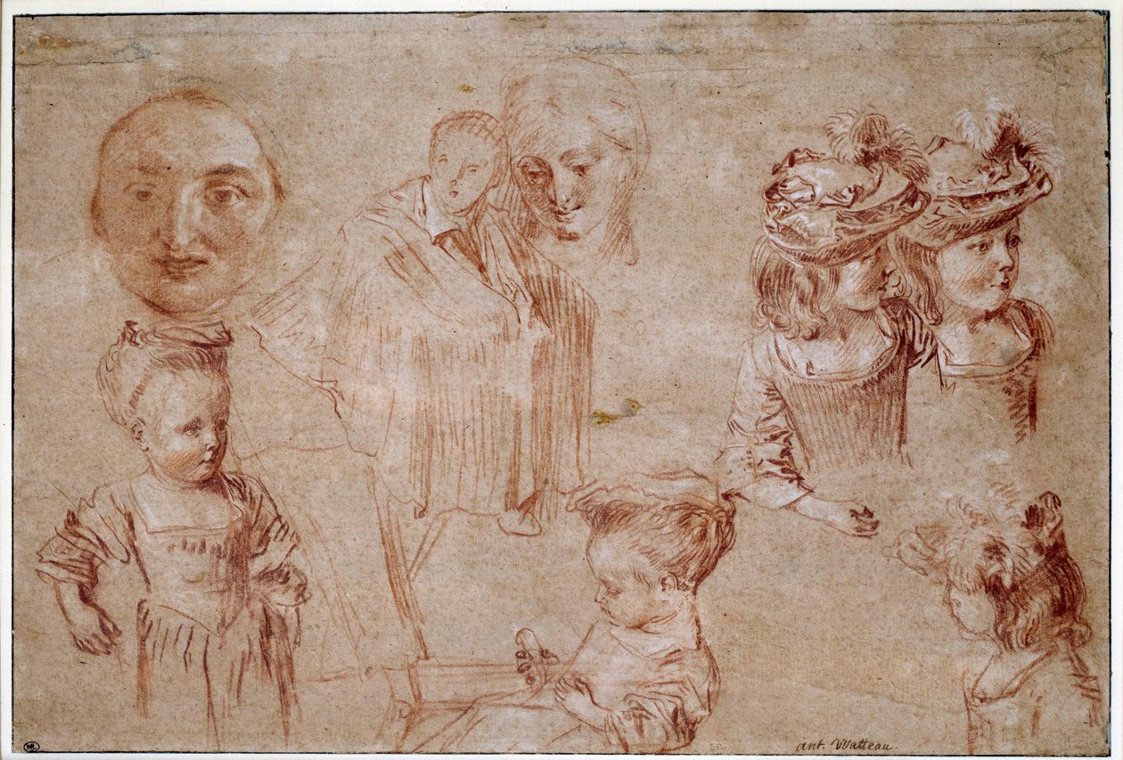 ピエロの仮面、胸像の5人の少女、男のドレープ、女の顔。ジャン・アントワーヌ・ワトー（1684-1721）による血と白亜の垣根のデッサン 18世紀 日0.27x0.4 m パリ、ルーヴル美術館 作： ジャン・アントワーヌ・ヴァトー