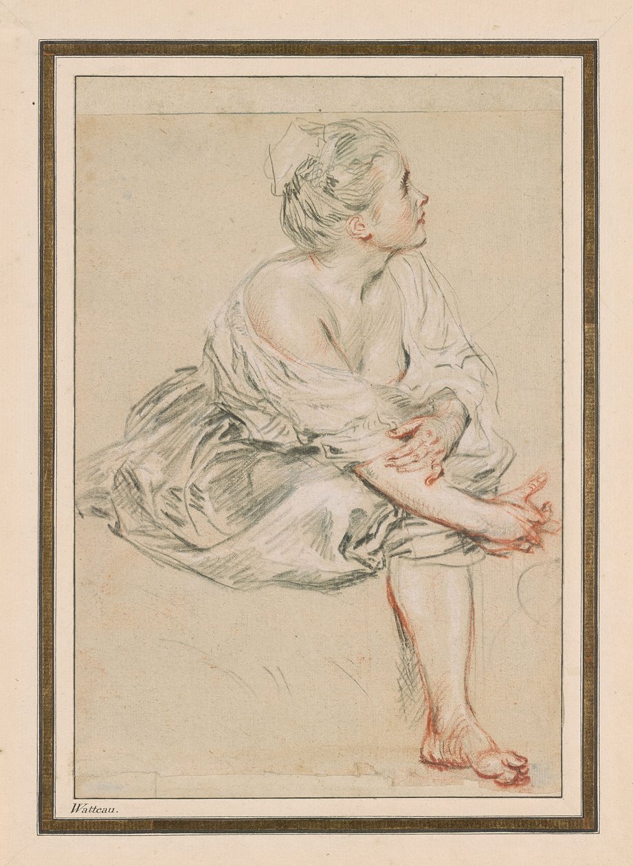 着席した若い女性、c。 1716年（紙に黒、赤、白のチョーク） 作： ジャン・アントワーヌ・ヴァトー