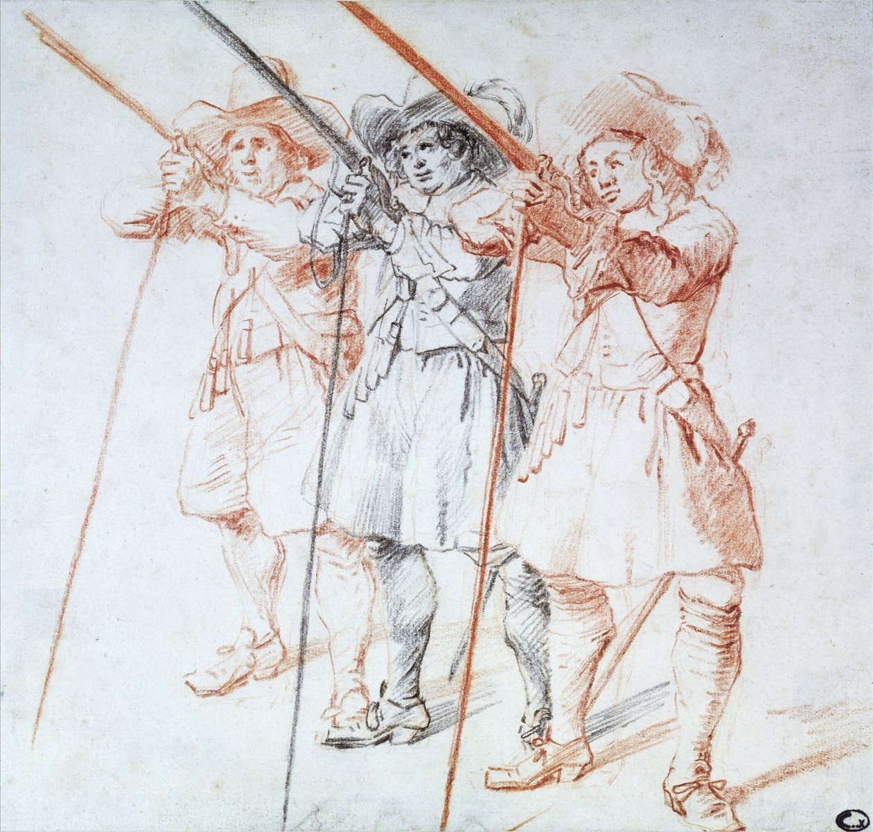 3つのArquebusiers、1712（紙に黒と赤のチョーク） 作： ジャン・アントワーヌ・ヴァトー
