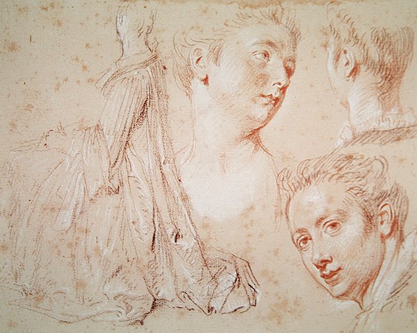 3つの頭と座る女、1716年頃（紙に黒と赤のチョークが描かれたクレヨン） 作： ジャン・アントワーヌ・ヴァトー