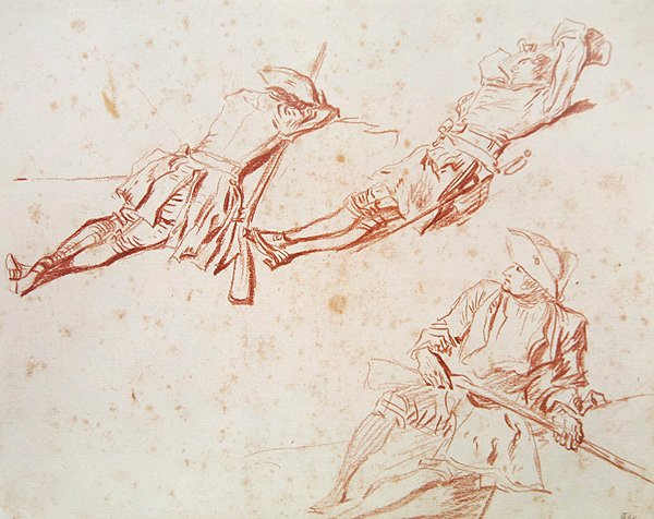 3人の安静時の兵士、1709年（紙に赤いチョーク） 作： ジャン・アントワーヌ・ヴァトー