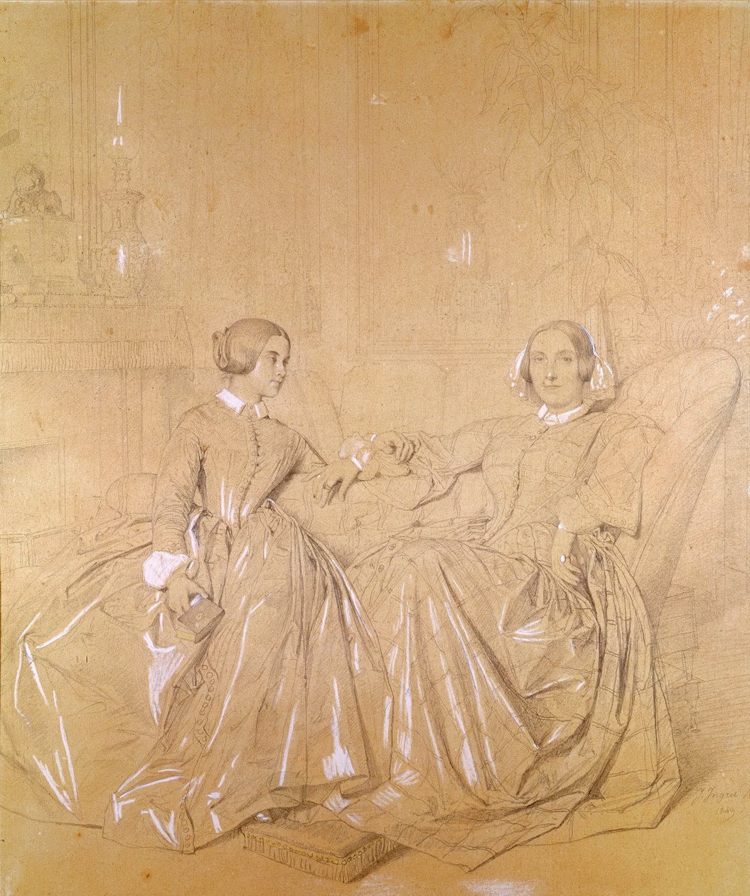 シャルルダゴール伯爵夫人（1805-76年）と娘のクレアダゴール（1849年5月）（紙に白いチョークが描かれた鉛筆） 作： ジャン・オーギュスト・ドミニク・アングル