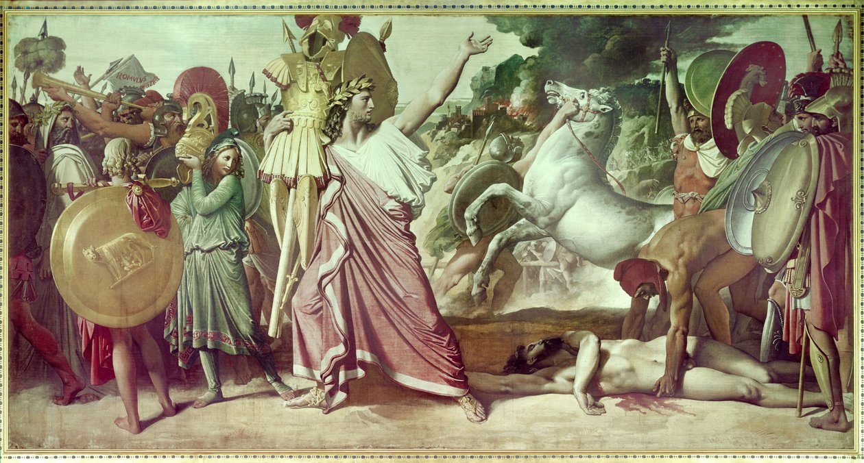 アクロンに勝利したロムルスがオピミットの遺骸をジュピター神殿に運ぶ ローマの創始者ロムルス（ロモロ）は、紀元前748年にセニア人の王アクロンを倒したという。ジャン・オーギュスト・ドミニク・アングル（1780-1867）による絵画 1812年 パリ、エコール・デ・ボザール。 作： ジャン・オーギュスト・ドミニク・アングル