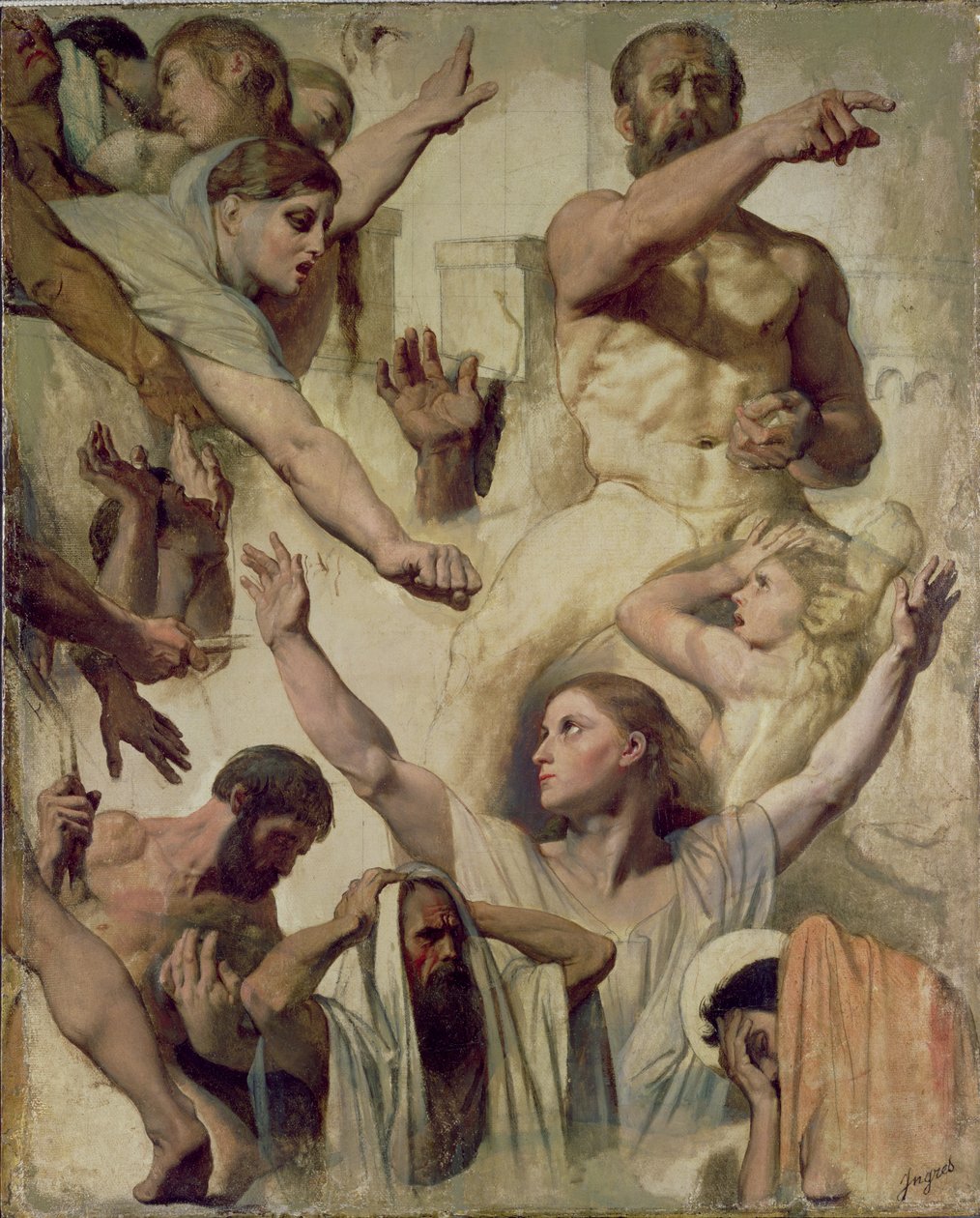 St. Symphorien（Saint、Mother and Proconsul）の殉教の研究、1833（グラファイトの上に油彩、キャンバスに赤いチョーク） 作： ジャン・オーギュスト・ドミニク・アングル