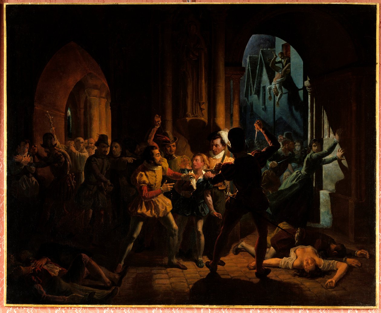 Maximilian von Béthune entkommt dem Massaker von Saint Barthelemy. Maximilian von Béthune (der spätere Herzog von Sully 1559-1641), aufgezogen am Kollegium von Burgund in Paris, wurde von Heinrich von Navarra (1553-1610) gerettet und wurde sein Begleiter von Jean-Auguste Dubouloz