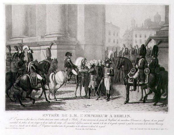 1806年10月のナポレオンのベルリン入場、ルイ・ジャン・アレー（1762-1833）の彫刻（リトグラフ）。 作： ジャン・バティスト（後）デブレット