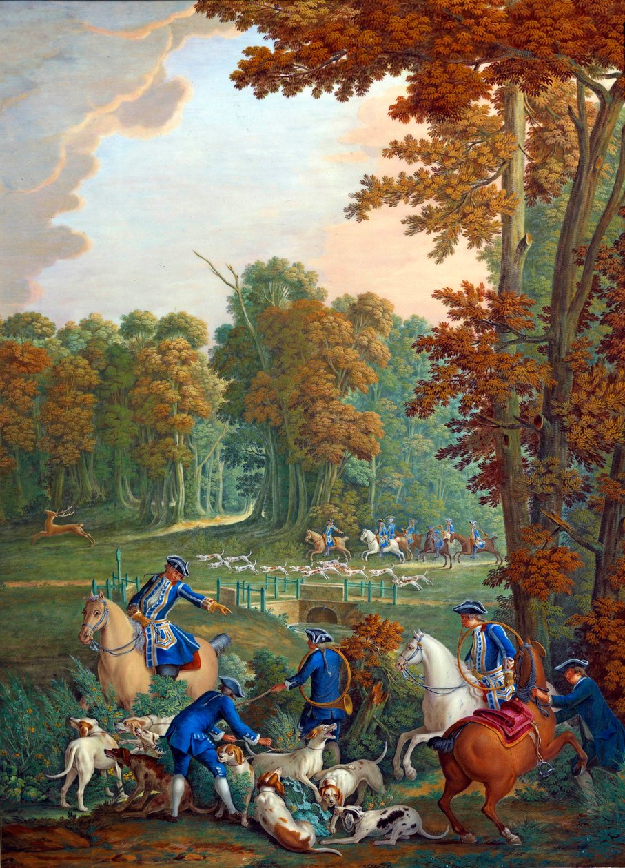 Tafel, die die Jagden von Ludwig XVI. darstellt: die Rast am Kreuzungspunkt der Umarmung im Wald von Compiègne oder Diener, der das alte Rudel entkoppelt. Porzellanmalerei von Charles Etienne Leguay (1762-1846) nach Jean Baptiste Oudry (1686-1755). von Jean-Baptiste (after) Oudry
