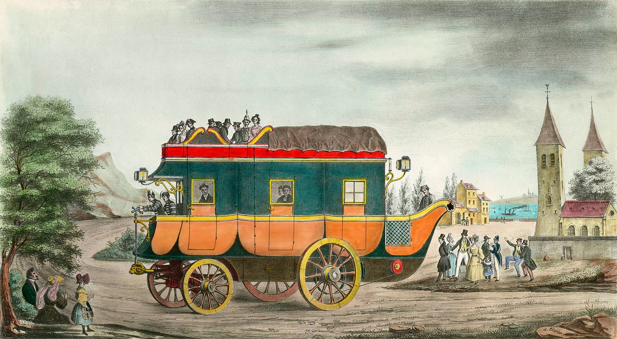 車（精進）には蒸気がある。1835年のフランスの発明。アンジュ・ティシエ（1814-1876）のエングレーヴィング。1835.個人蔵 作： ジャン・バプティスト・アンジュ・ティシエ