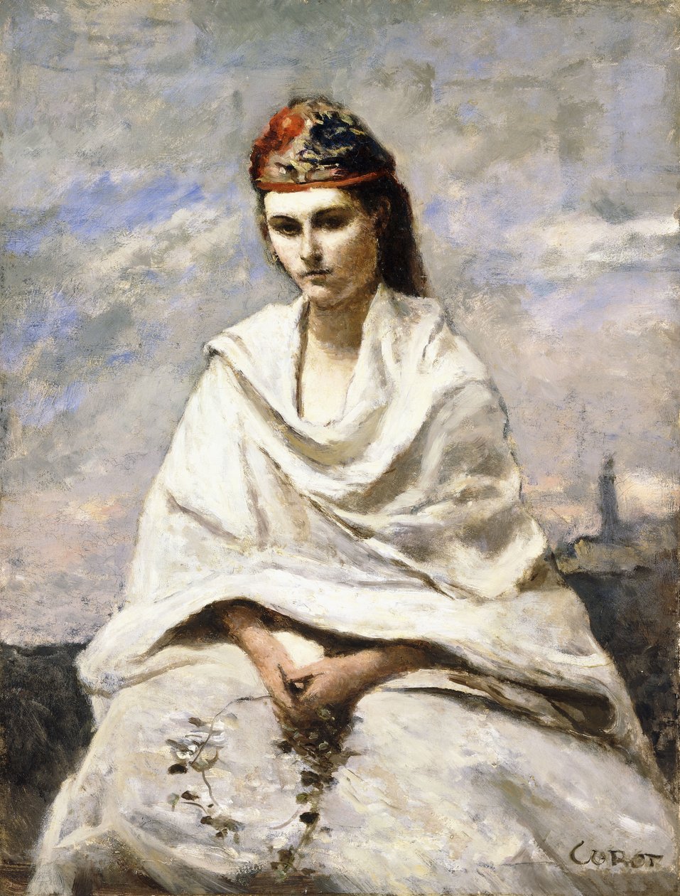 白いショールを身につけた若いギリシャ人、1868〜70年頃 作： ジャン・バプティスト・カミーユ・コロー