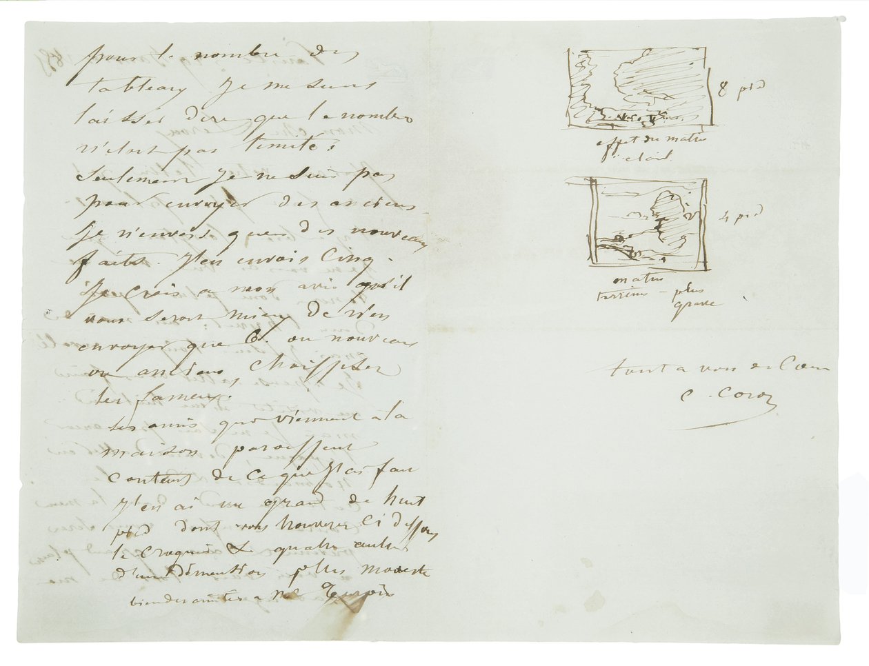 1855年1月29日、パリの風景画家兼政治家チャールズルルーへのサインレター 作： ジャン・バプティスト・カミーユ・コロー