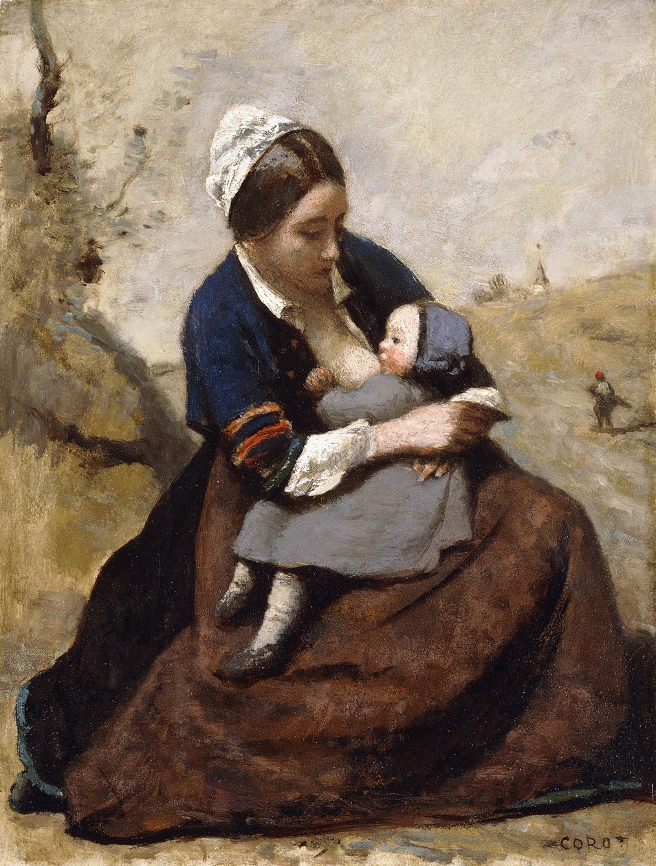 彼女の子供を授乳するブルトンの母乳;彼女の子供を授乳したブルトンヌ、1855-1860 作： ジャン・バプティスト・カミーユ・コロー